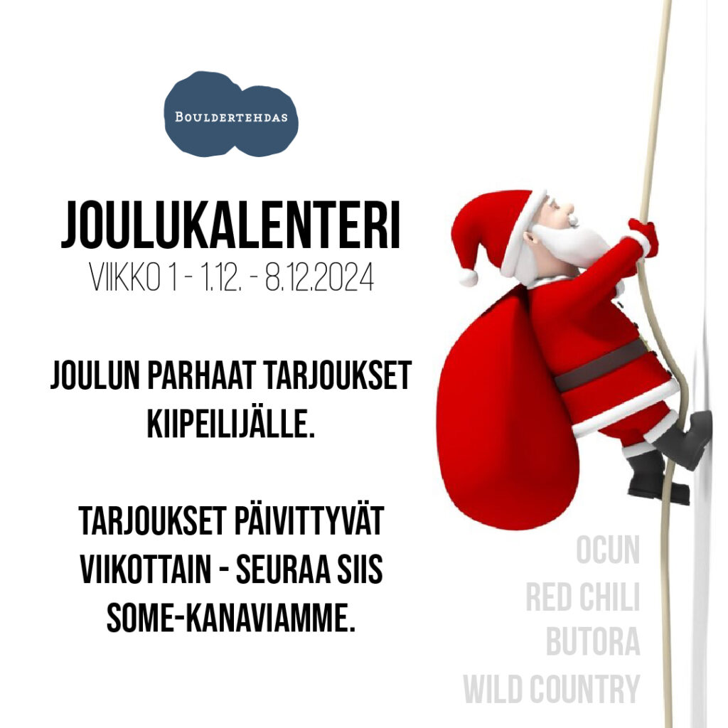 Bouldertehdas Joulukalenteri, viikko 1. Joulun parhaat lahjat kiipeilijälle.